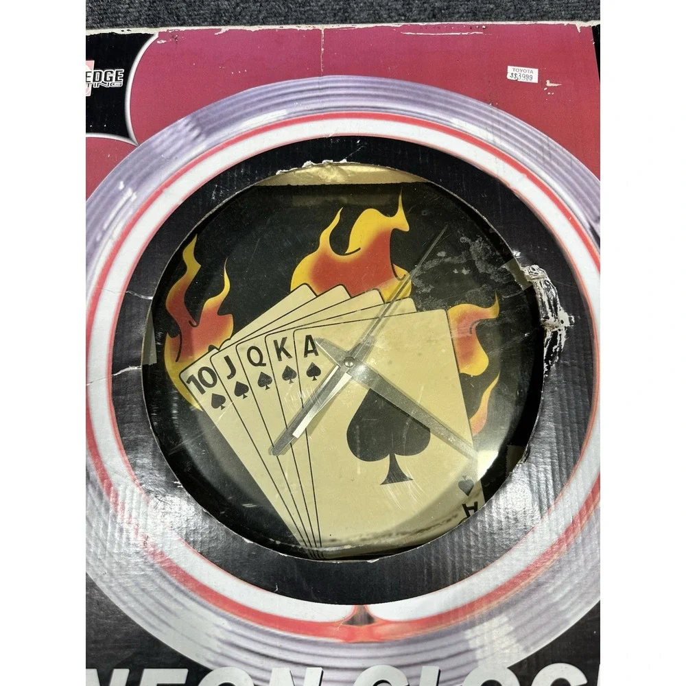 On the Edge Marketing Neon Wall Clock Royal Flush Poker Flames Chrome Bezel‎